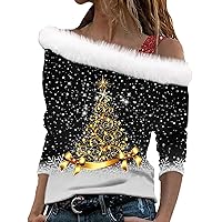 Women's Off Shoulder Christmas Pattern Tops Fur Collar Long Sleeve Shirt Plus Size Slim Fit Pullover Tunics