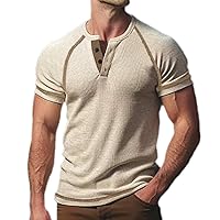 Waffle Henley Shirt for Men Raglan Short Sleeve Casual Tshirt Shirt Summer Top Knit Soft Touch V Neck Tee