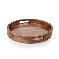 PICNIC TIME Barista Serving Tray with Glass Insert, Round Acacia Wood Cheese Board, Serving Platter with Handles, (Acacia Wood)