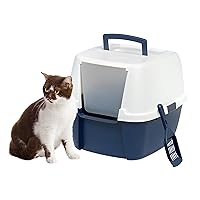 IRIS USA Jumbo Enclosed Cat Litter Box with Front Door Flap and Scoop, Hooded Kitty Litter Tray with Easy Access Lift Top Handle and Buckles for Portability and Privacy, Navy/White