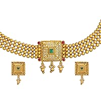 bodha Traditional Indian Designer Antique Gold Plated Stylish Traditional Ethnic Thushi Choker Necklace Jewelry Set for Women (SJN_45), Brass, Cubic Zirconia