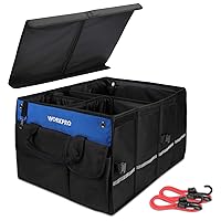 WORKPRO Car Trunk Organizer, Collapsible Storage with Lid for SUV, Non Slip Bottom, Securing Straps, 4-Compartment (Black,Large Size)