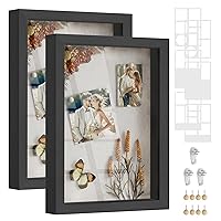 SONGMICS Shadow Box Frame, Set of 2, 1.3-Inch Deep Memory Display Case for Desk Wall Decor, Box Picture Photo Frame with 8 Wood Push Pins, 6 Mats, 3 Non-Trace Nails, Gift, Ash Black