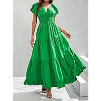 Summer Dresses for Women 2022 Plunging Neck Shirred Waist Dress Dresses for Women (Color : Green, Size : Small)