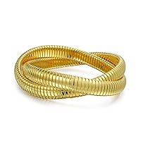 Omega Snake Cobra Wide Bangle Twisted Bracelet Bands Set Interlocking Flexible Stretch Bracelets for Women Silver Gunmetal Rose Yellow Gold Plated Stainless Steel Fits 8 to 8.5 inches Wrist