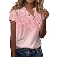 Summer Tops for Women 2024 Sparkly Fashion Trendy Loose Fit with Short Sleeve Asymmetrical Button Neck Shirts