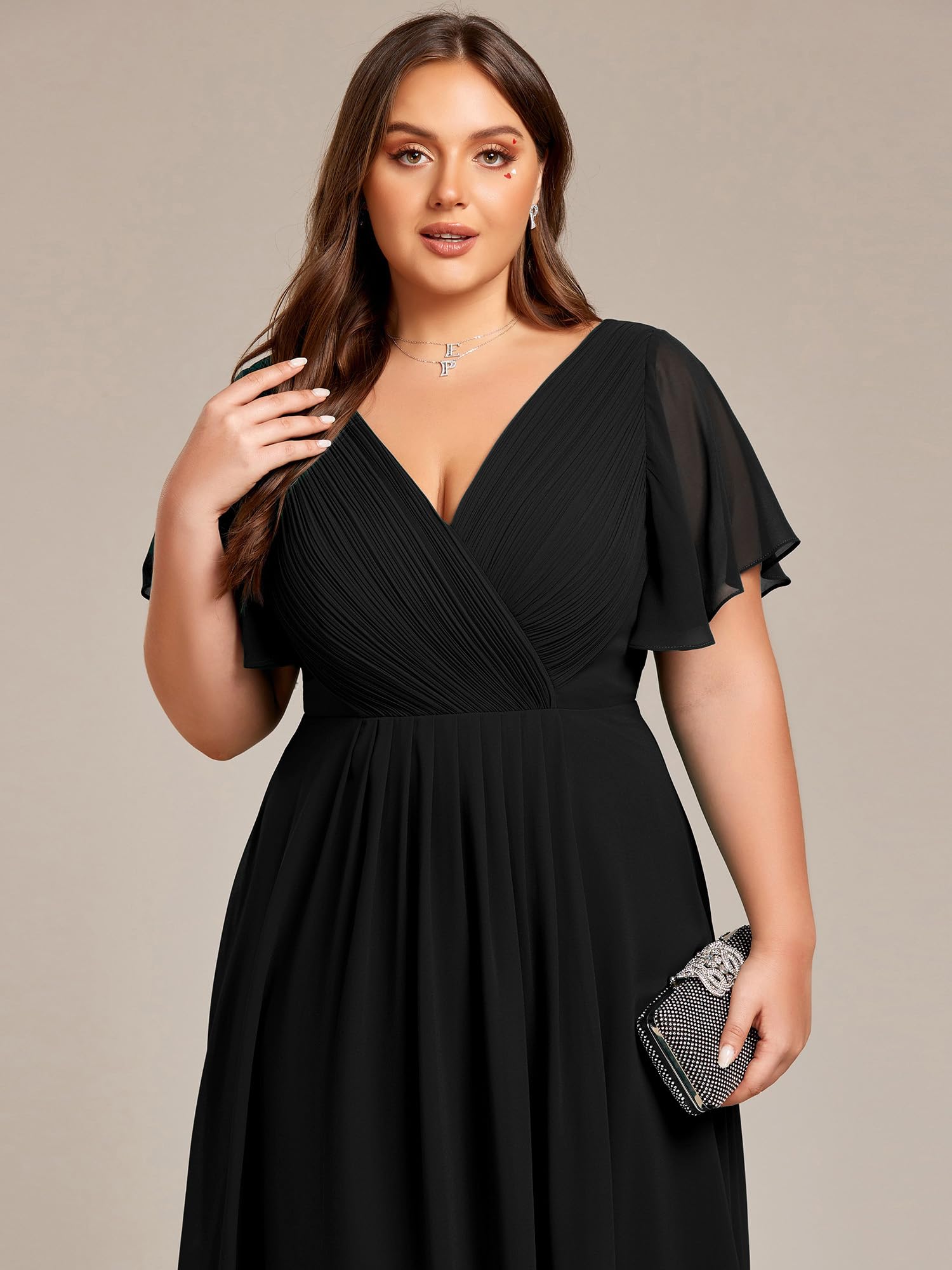 Ever-Pretty Women's A Line Ruched V Neck Short Sleeves Knee Length Plus Size Wedding Guest Dress 01923-DA