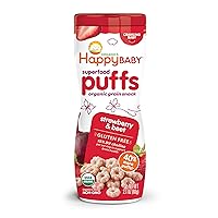 Happy Baby Organic Superfood Puffs Strawberry & Beet, 2.1 Ounce Canister Organic Baby or Toddler Snacks, Crunchy Fruit & Veggie Snack, Choline to Support Brain & Eye Health