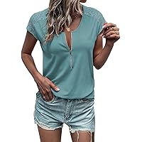 Womens Lace Cap Sleeve Tops Zip Up Summer Tanks Crew Neck Dressy Casual Loose Fit Tee Shirts Tunic