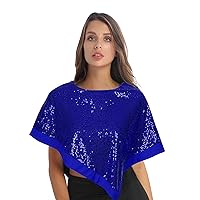 Womens Sequined Overlay Poncho Party Dress Top Slit Sleeve Asymmetrical Hem Cape Tops
