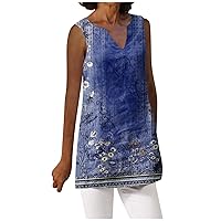 Women's Tank Top Casual Summer V Neck Linen Blouses Woman Vintage Print Tshirt Trendy Graphic Tee Ladies Basic Tops