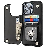 Compatible with iPhone 15 Pro Max Wallet Case with Card Holder, PU Leather Kickstand Card Slots Case, Double Magnetic Clasp and Durable Shockproof Cover 6.7 Inch (Black)