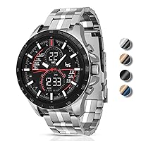 Mens Watches Military Watch for Men Japanese Movement Multifunctional LED Alarm Stopwatch Stainless Steel Waterproof Sport Watch 2 Time Zones Analog Digital Watch