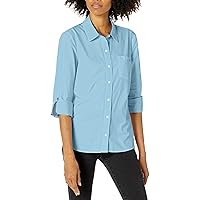 Tommy Hilfiger Women's Solid Button Collared Shirt with Adjustable Sleeves, Crystal Blue, XS