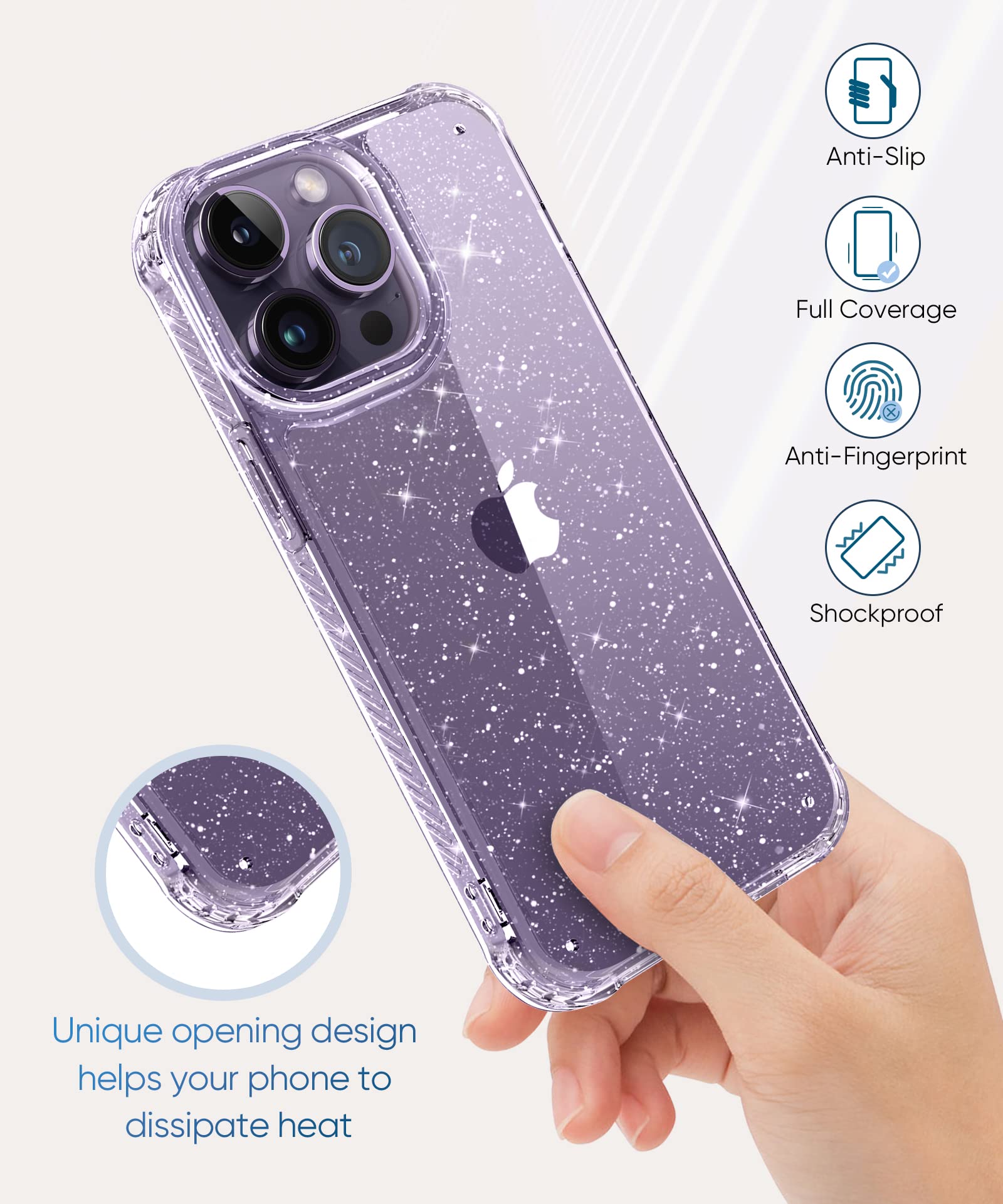 MIODIK Clear Glitter Case for iPhone 14 Pro, [Military-Grade Protective] with Screen Protector + Camera Protector, [Non-Yellowing] Slim Shockproof Women Cute Bumper Cover 6.1