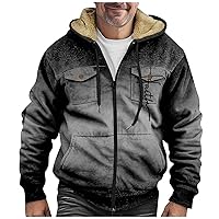 Jackets for Men Zipper Long Sleeve Hoodies Vintage Print Sherpa Fleece Lined Coats Comfy Dressy Jackets