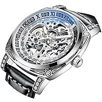 Tiong Leather Strap Men's Watch, Men's Automatic Winding Watch, Mechanical Watch Silver Black Men's Business Watch