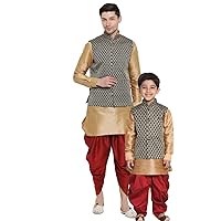 Baap Beta Gold Ethnic Jacket Kurta and Dhoti Pant Set