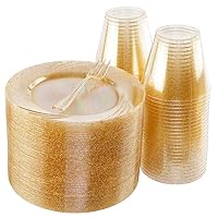 BUCLA 300PCS Gold Glitter Plastic Dessert Set-Include 100pcs Plastic Plates 6.5inch,100pcs Plastic Dessert Forks 5inch and 100 Disposable 9oz Gold Glitter Plastic Cups Perfect for Weddings& Parties