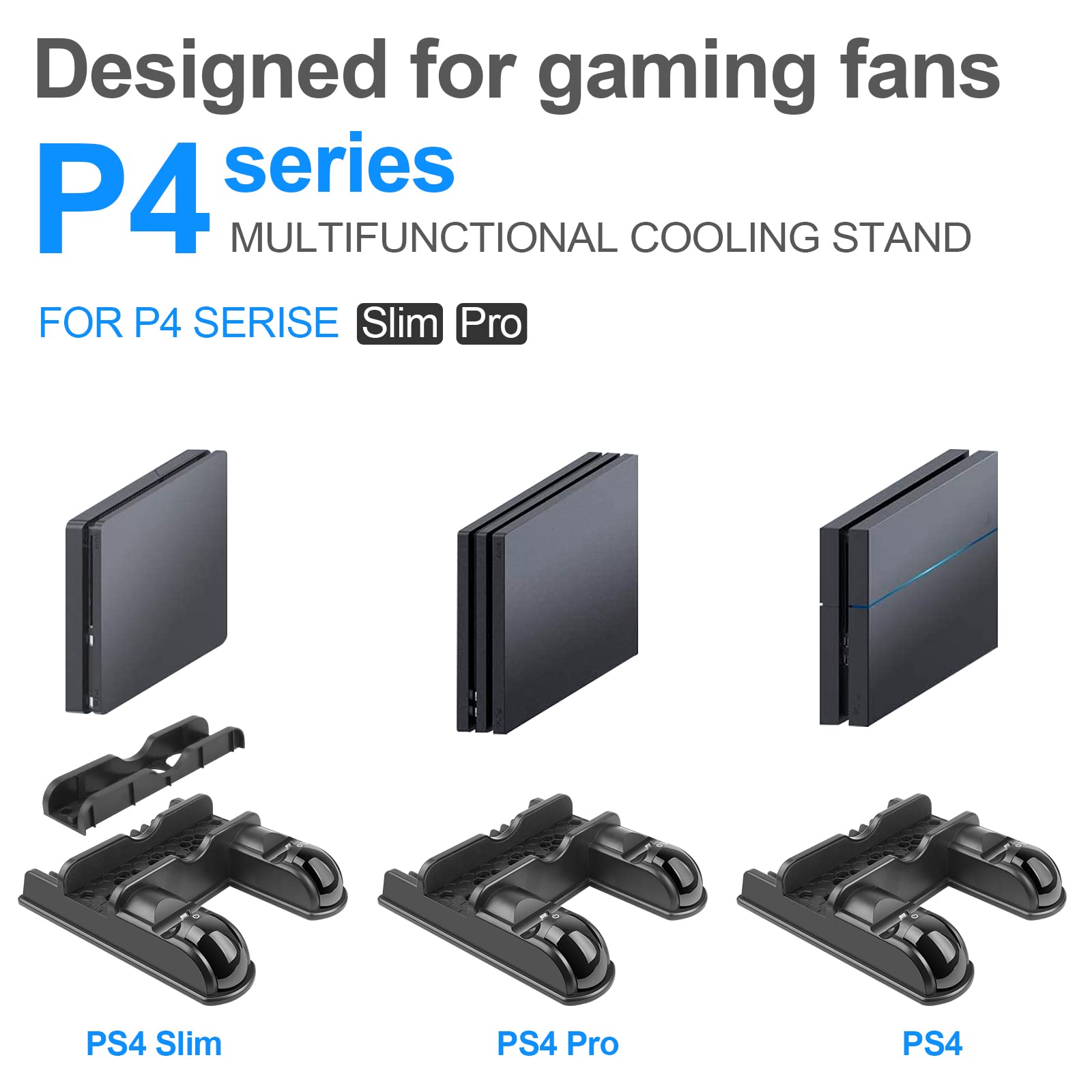 PS4 Stand Cooling Fan Station for Playstation 4/PS4 Slim/PS4 Pro, PS4 Vertical Stand with Dual Controller Port Charger Dock Station, 12 Game Slots, USB Fast Charging Station with LED Indicator