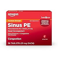 Amazon Basic Care Sinus PE, Maximum Strength Nasal Decongestant, Cold Medicine, Phenylephrine HCl Tablets, 10 mg, 36 Count
