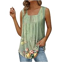 YZHM 2023 Fashion Summer Tops for Women Sleeveless Floral Print Shirts Sqaure Neck Casual Blouses Flowy Hem Tank Top Tshirts