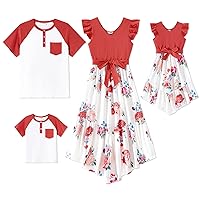 Matching Family Outfits Mother and Daughter Floral Printed Ruffle Cuffs Dresses and Short Sleeve T Shirts Set