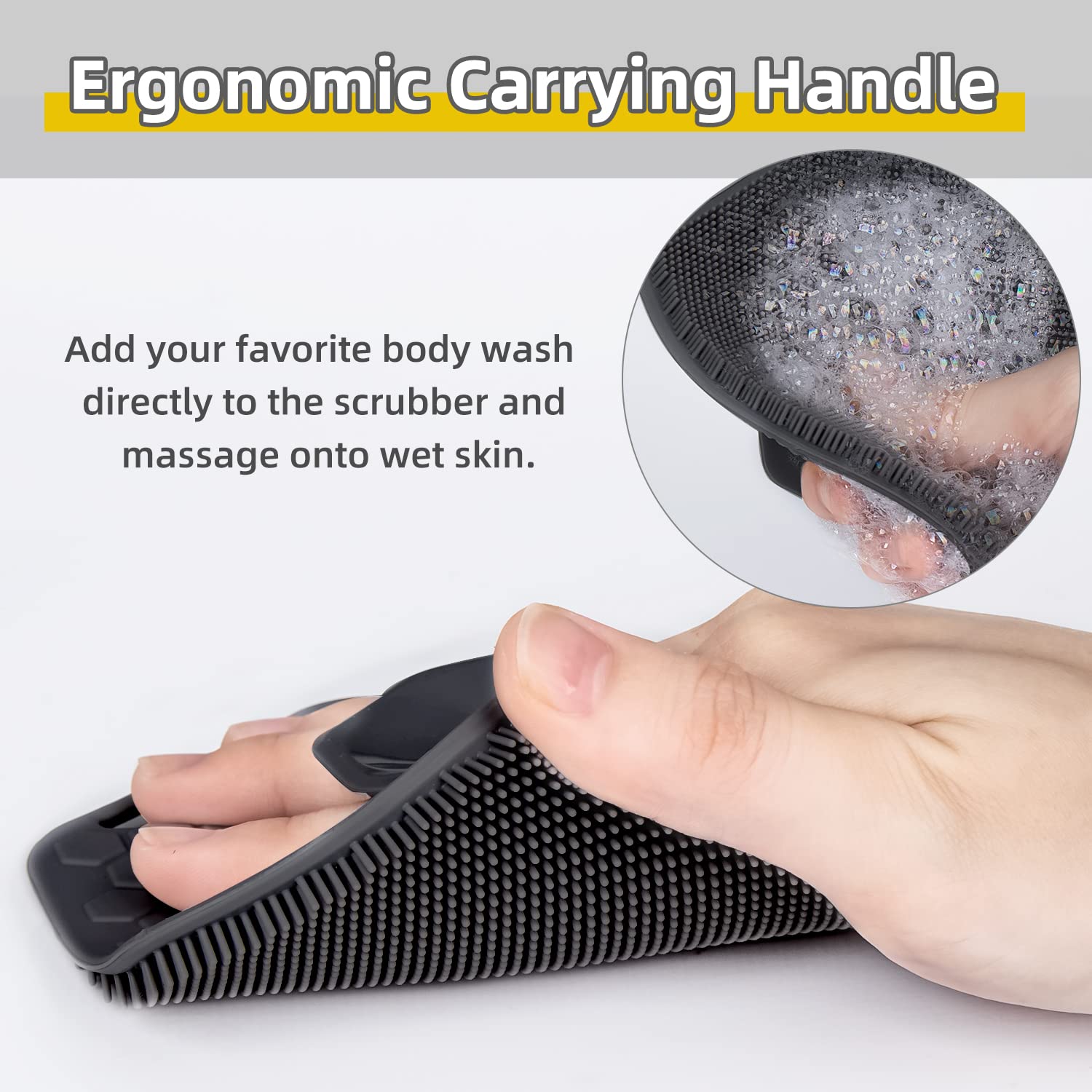 Silicone Exfoliating Body Scrubber, Shower and Bath Accessories with Storage Hooks, Easy to Clean, Foamy and Reusable, Flat Clean Brush for Bathing, Hair Washing, Dishwashing etc.