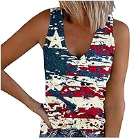 July 4th Women Patriotic Ribbed Knit Button V-Neck Tank Tops Fashion Stars Stripes Casual Fitted Sleeveless T-Shirts