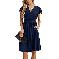 GRECERELLE Spring Summer Dress for Women Casual Ruffle Short Sleeve Wrap V-Neck Dress with Pockets