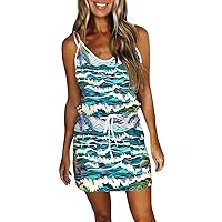 Summer Dresses for Women 2024 Hawaiian V-Neck Sun Dress with Pocket Sleeveless Dress Drawstring Strapless Beach Dress
