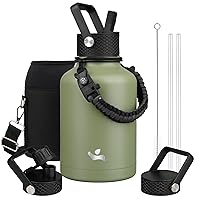 Insulated Water Bottle with Straw,50oz 3 Lids Water Jug with Carrying Bag,Paracord Handle,Double Wall Vacuum Stainless Steel Metal Flask,Camp Green