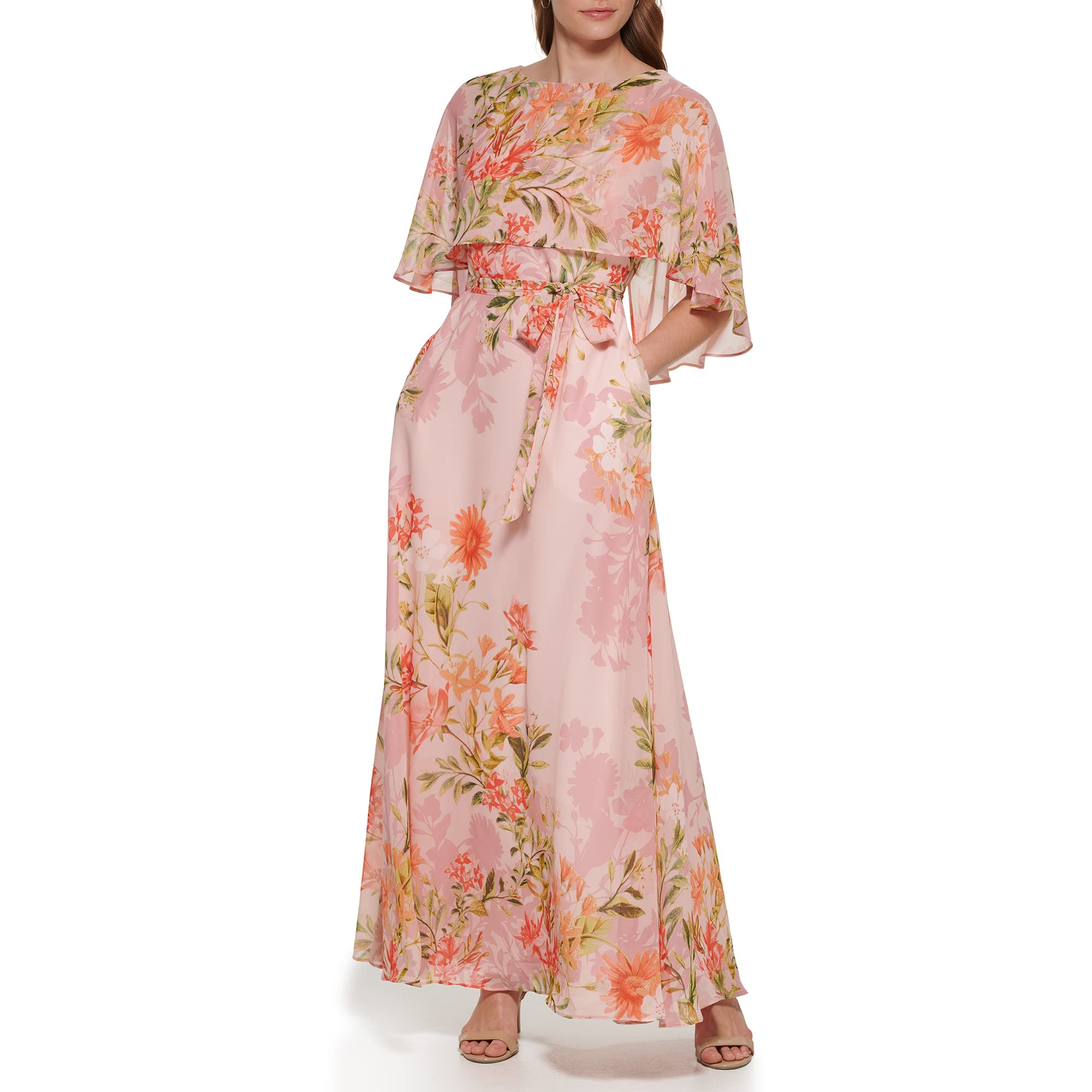 Eliza J Women's Maxi Style Caplet Chiffon Elbow Sleeve Jewel Neck Dress