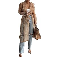 PUWEI Sheer Mesh Belted Trench Coats for Women Notched Lapel Double Breasted Midi Overcoat Jacket