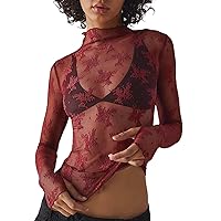 Women's Long Sleeve Mesh Top Sexy Mock Neck Floral Blouse Sheer See Through Layering Lace Tops