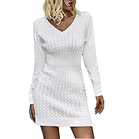 Women's Holiday Dresses Fashion Casual V-Neck Sweater Dress Loose Knitted Drop Shoulder Dress, S-L