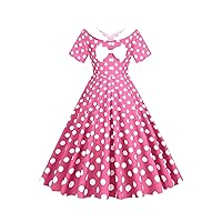 EFOFEI Women 50s Retro Polka Dot Swing Dress Rockabilly Solid Color Dress High Waist Short Sleeve Dress