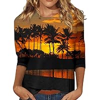 Hawaiian Shirts for Women Coconut Palm Scenery 3/4 Sleeve Summer Vacation Womens Top Tee Blouse Trendy T Shirts