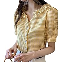 Fashion Women's Plaid Shirts Short Sleeves Casual Button Up Shirts Loose Tops