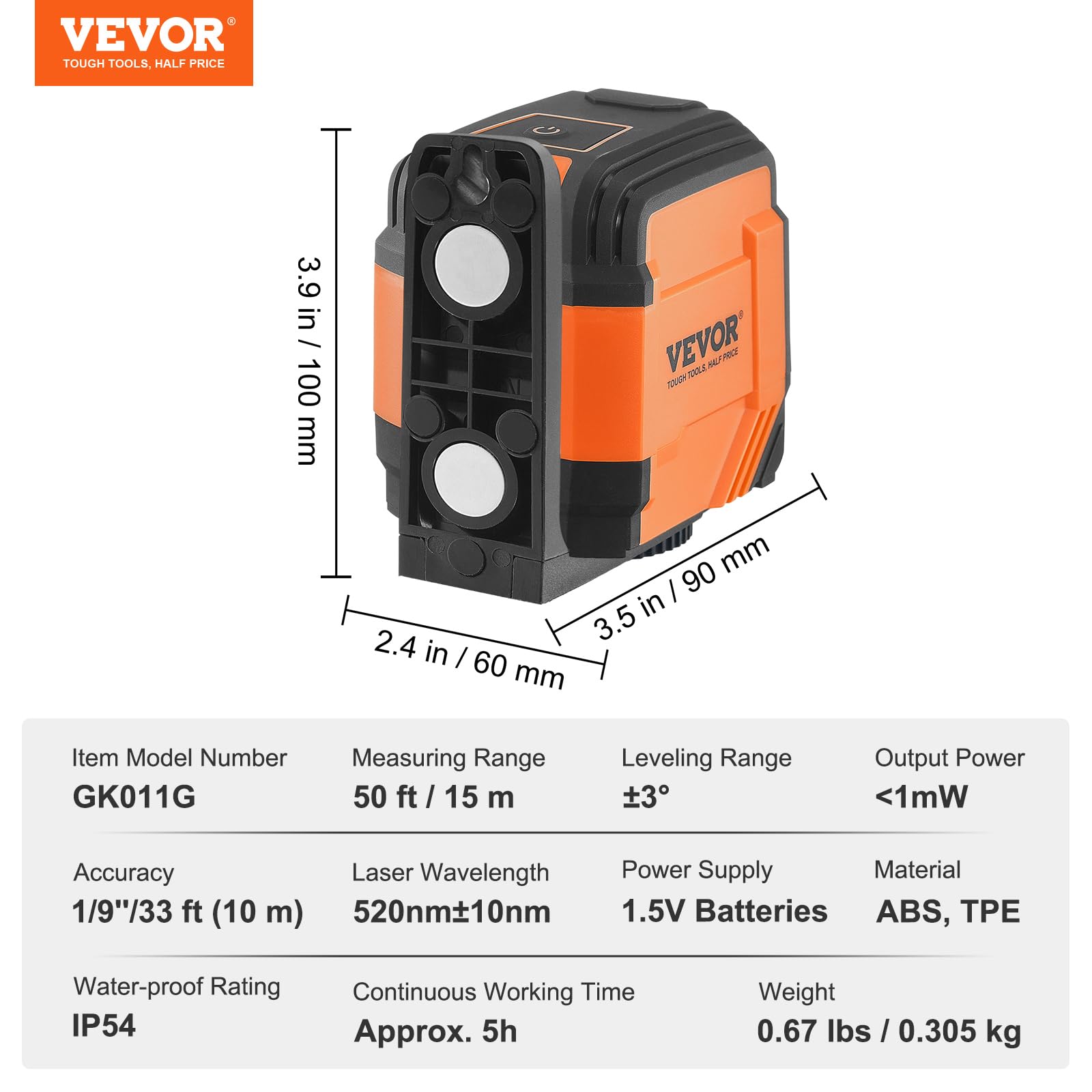 VEVOR Laser Level 50ft, Self Leveling Manual Green Cross Line Laser, IP54 Waterproof Remote Control Manual Self-leveling Mode & 5h Continuous Working Time Line Laser, Battery and Stand Included