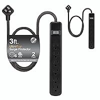 GE UltraPro 6-Outlet Surge Protector, 2 Pack, 3ft Braided Cord Power Strip Surge Protector, Surge Protector Power Strip, 450 Joules, Black, 74544