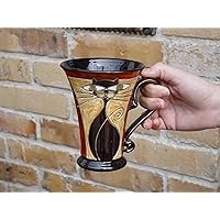 Hand-Painted Cat Mug - Unique Pottery Coffee Cup for Cat Lovers - Red, Green, Beige, Black - 380ml - Dishwasher & Microwave Safe