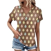 Spring Blouses for Women 2024 Summer Tunic Tops T Shirt Tee V-Neck Short-Sleeved T-Shirt Easter Printed Button Top