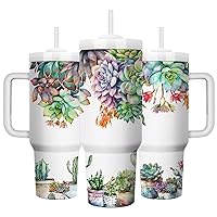 Succulents 40oz Stainless Steel Travel Mug Tumbler with Handle, Double Wall Vacuun Insulated Cup with Lid and Straw