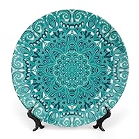 Decorative Ceramic Plate Round Porcelain Plate,10 inch,Blue Green Pattern,for Bedroom Living Room Bathroom Party Kitchen Home Wall Hanging Decor,Turquoise Teal and White