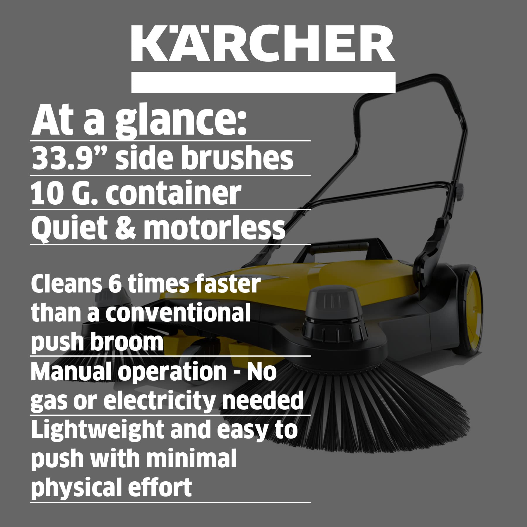 Karcher S 6 Twin Walk-Behind Outdoor Hand Push Floor Sweeper - 10 Gallon Capacity, 33.9