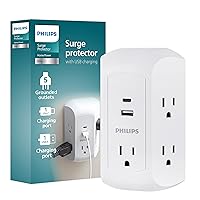 Philips 5-Outlet Extender with USB-C and USB Ports, Surge Protector, Adapter Spaced Outlets, 3-Prong, Side Access, Grounded, Perfect for Cell Phone Charging, White, SPP5252WC/37