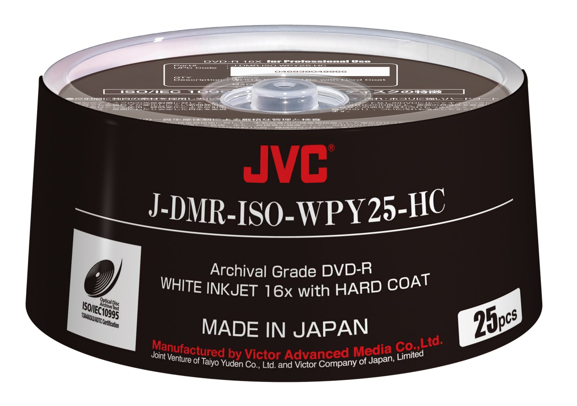 JVC ISO ARCHIVAL Grade DVD-R Made in Japan White Inkjet 16x Hard Coat 25 Pack Part# J-DMR-ISO-WPY25-HC