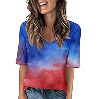 Women's 4Th of July Tops Half Sleeved Independent Day Printed V-Neck Casual Quarter T Shirt Top Shirts, S-3XL