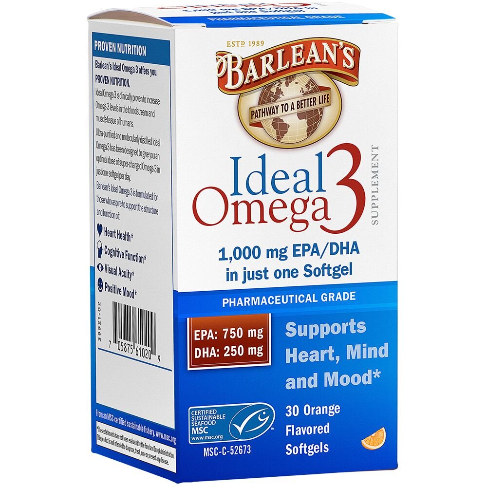 Barlean's Ideal Omega 3 Fish Oil Supplement, 1,000 mg Softgels, Pharmaceutical Grade EPA & DHA for Brain, Joint, & Heart Health, Orange Flavor, 30 ct